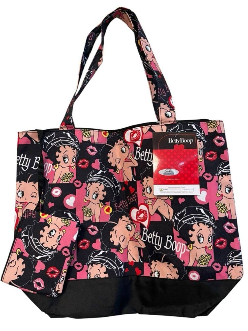Betty Boop Large Tote Bag and Coin Purse Set Pink Black Canvas Zips NWT